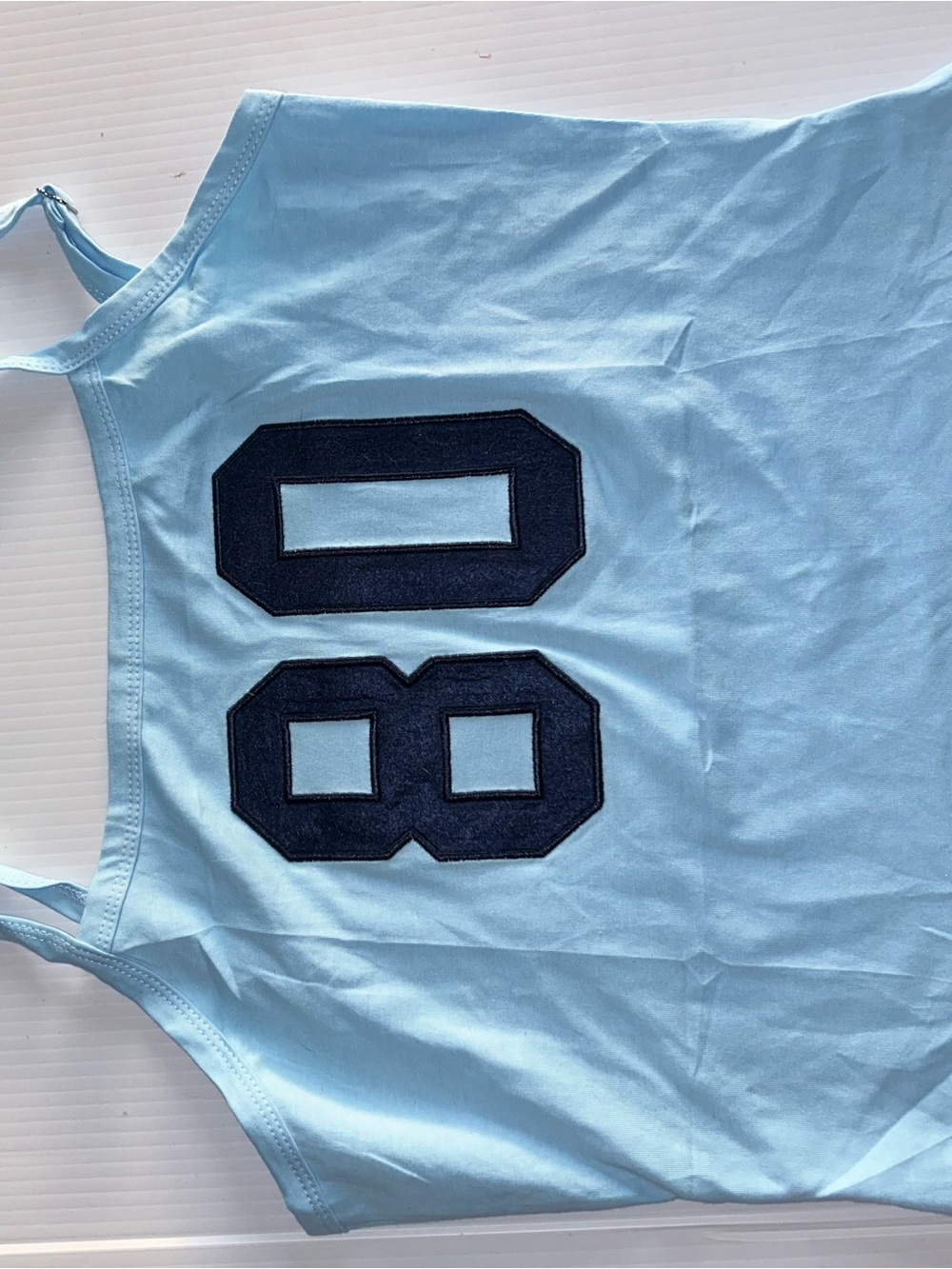 Amazon Light Blue Tank Top with Navy 08 Appliqué Youth 10/12